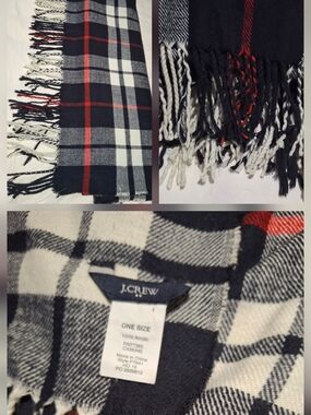 J. Crew Black & White Plaid LADIE Scarf with Red Accents